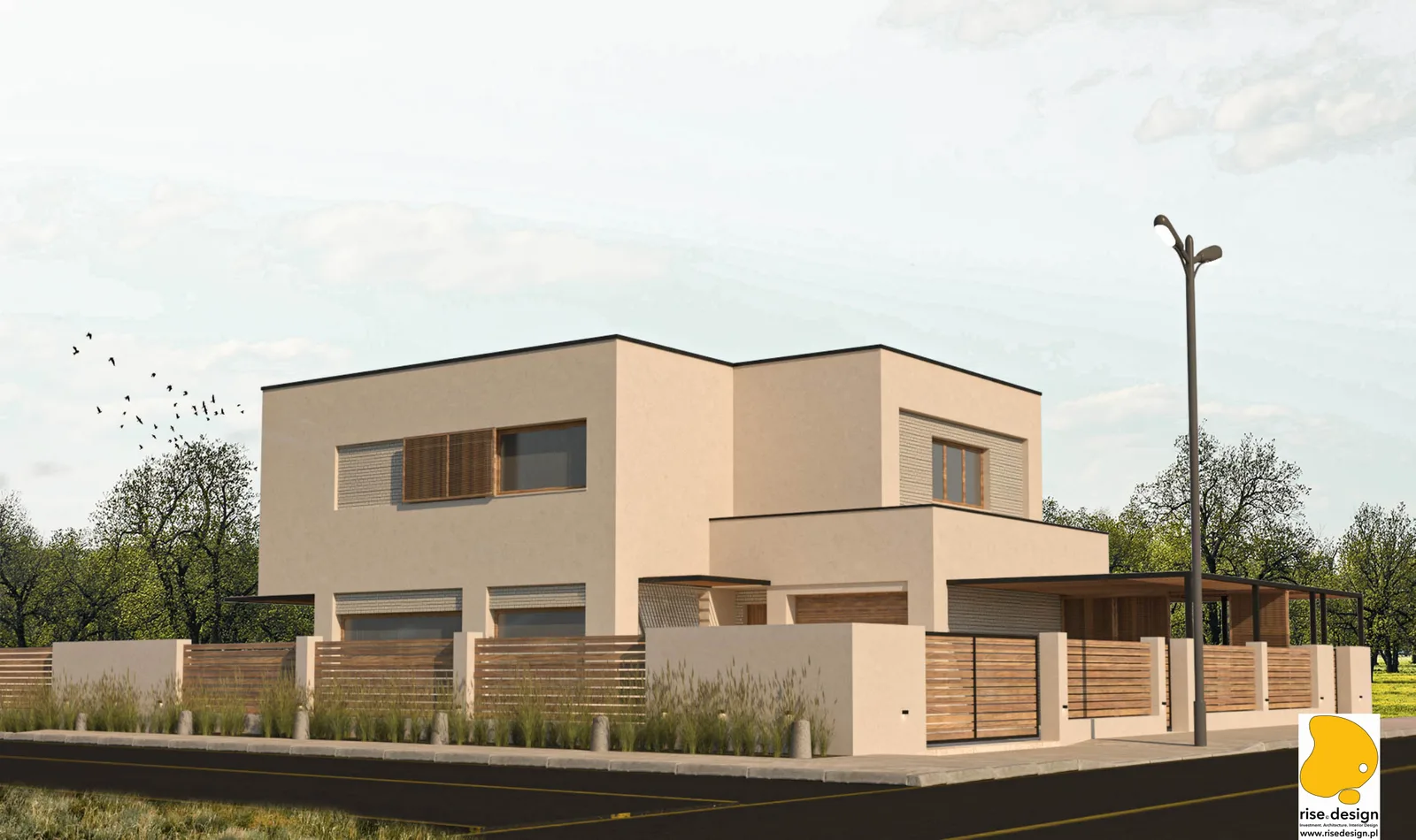 Exterior: corner perspective render of the contemporary cubic 125 square metre private house showing the two-storey volume, warm beige mineral plaster facade, facade brick accent panels, composite deck carport, and horizontal wood board fence with masonry pillars