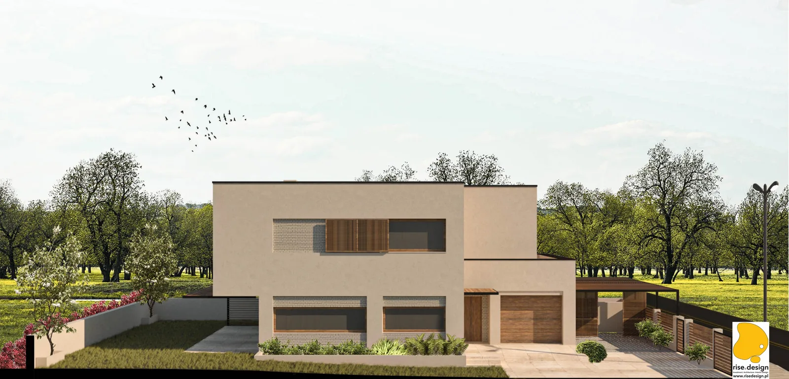 Exterior: front west elevation render of the two-storey house with flat roof, horizontal window strips on the upper level, wood cladding accent zones, landscaped garden with hedgerows and flowering shrubs