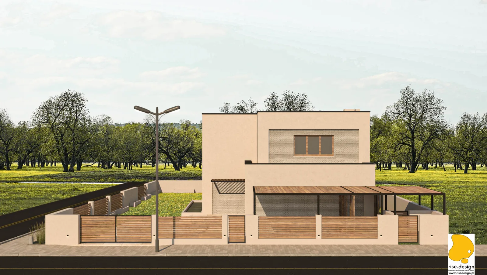 Exterior: street front elevation render showing the complete design intent of the contemporary cubic house with beige mineral plaster, earth-toned facade brick panels, Tarasola pergola, entrance canopy, carport, and horizontal wood fence system