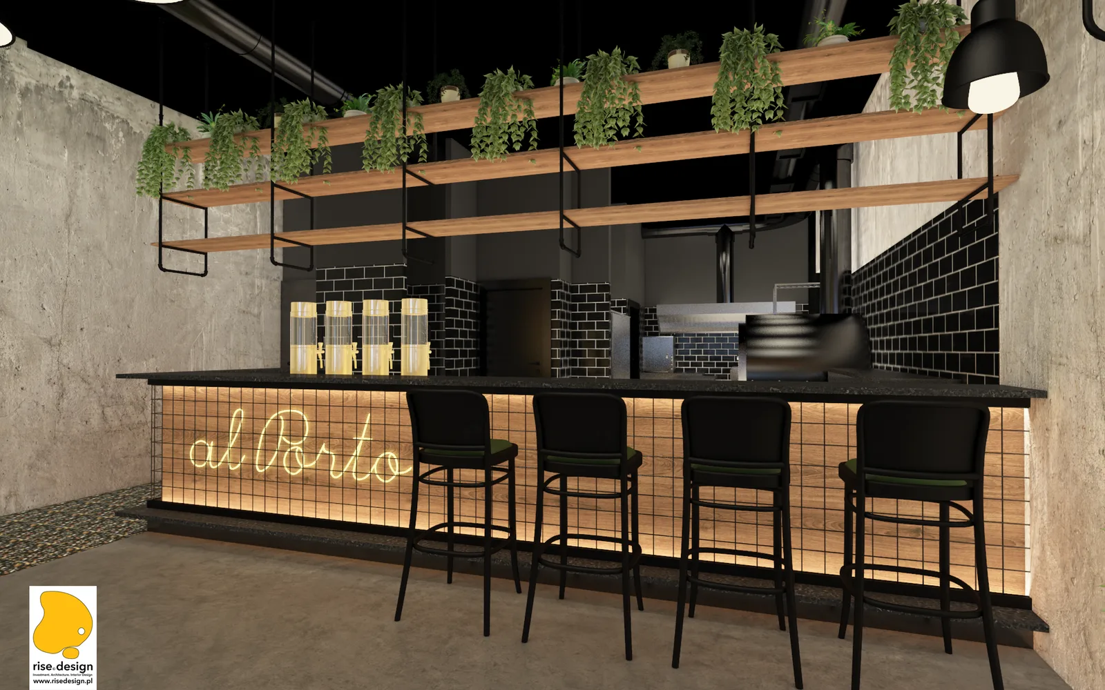 Detail: bar counter close-up render with yellow Al Porto neon signage, black subway tile backsplash, terrazzo floor tiles, oak shelving with hanging greenery, and leather bar stools