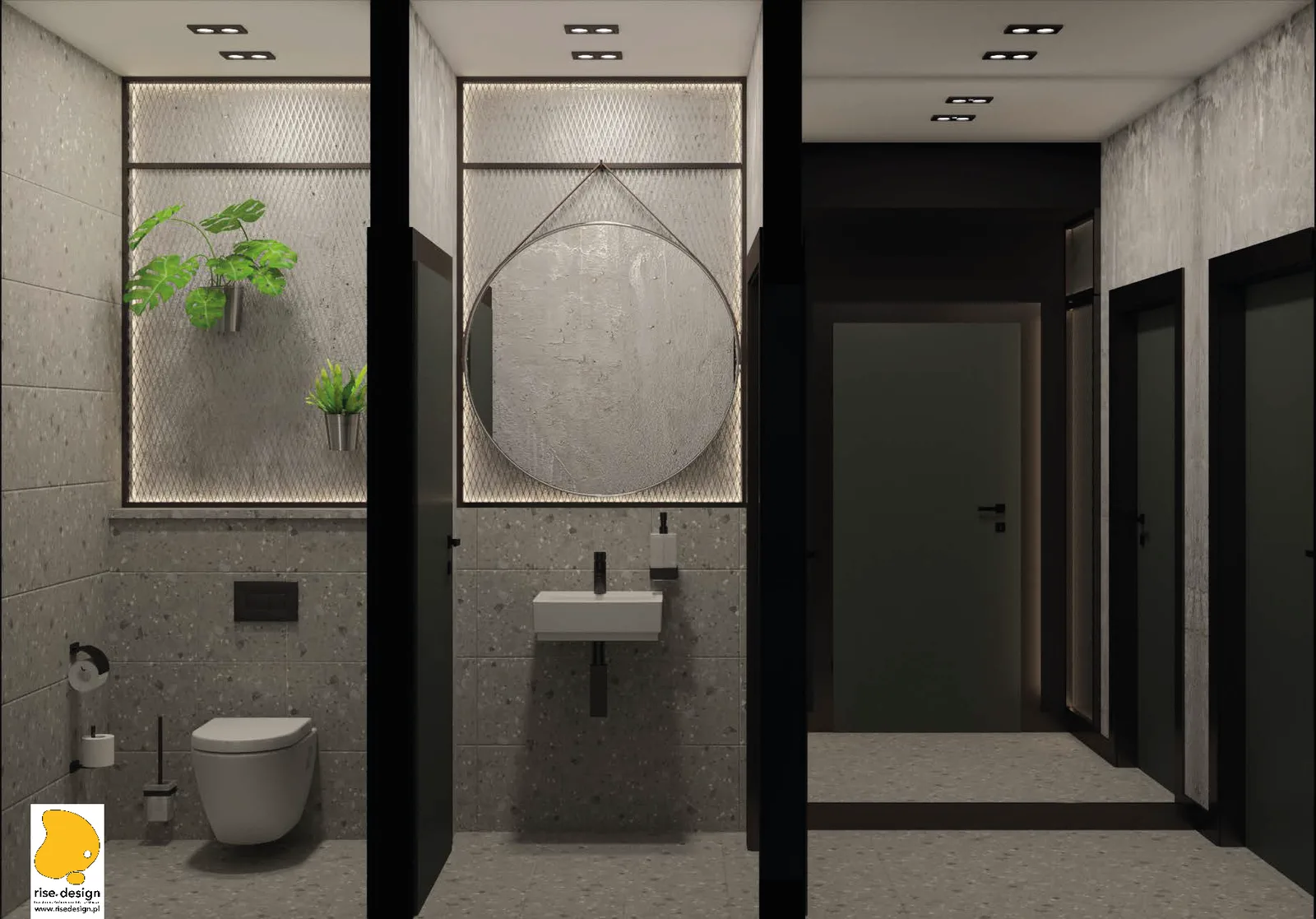 Detail: bathroom corridor render with terrazzo wall and floor tiles, architectural concrete walls, round hanging mirror, wall-hung vanity, and dark steel door frames to restroom stalls
