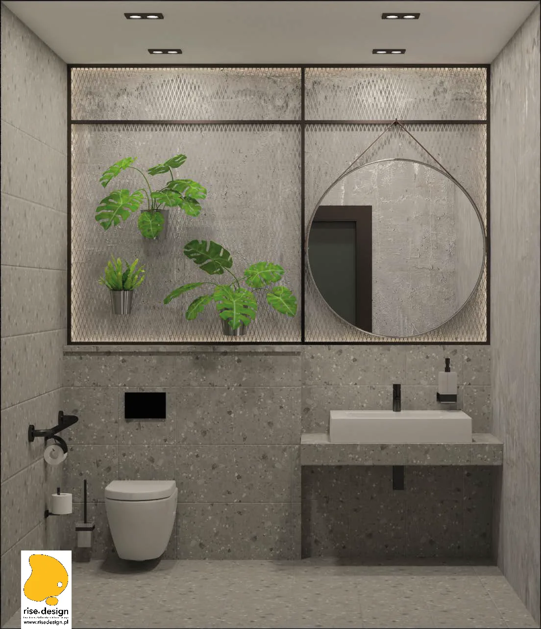Interior: restaurant bathroom render with terrazzo wall tiles, monstera plants behind glass partition, round hanging mirror, wall-hung WC, and architectural concrete ceiling finish