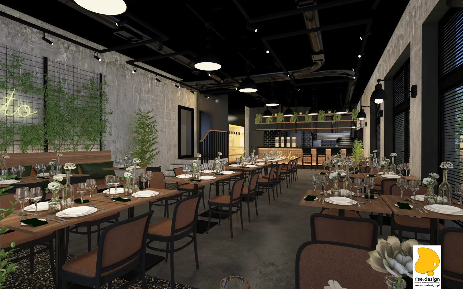 Interior: dining room overview render with green painted feature wall, Mevaco stainless steel mesh panels, bench seating, pendant lights, and bar visible through spatial layers