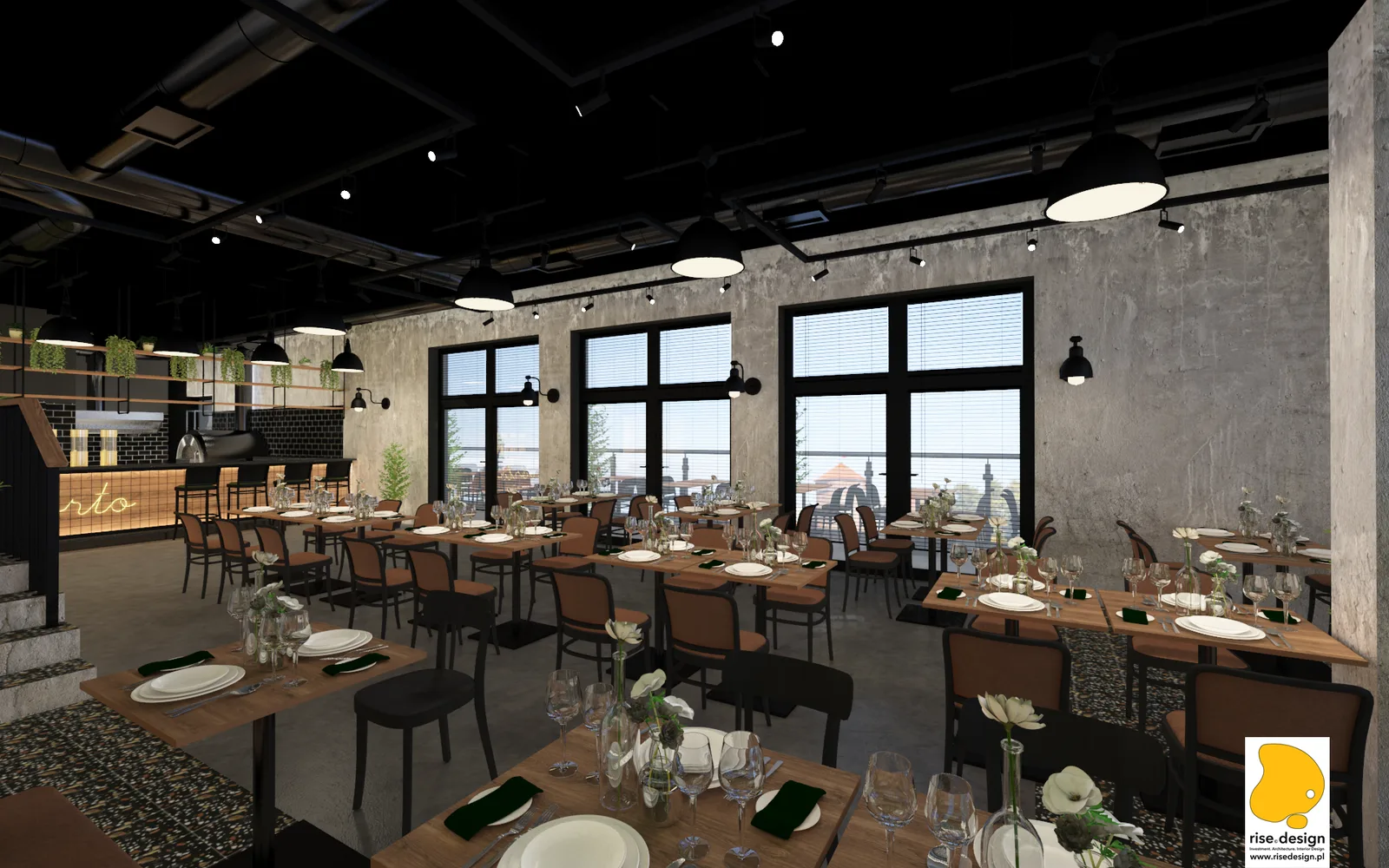 Interior: main dining area render with floor-to-ceiling riverfront windows, architectural concrete walls, oak tables paired with brown leather chairs, and matte black track rail lighting