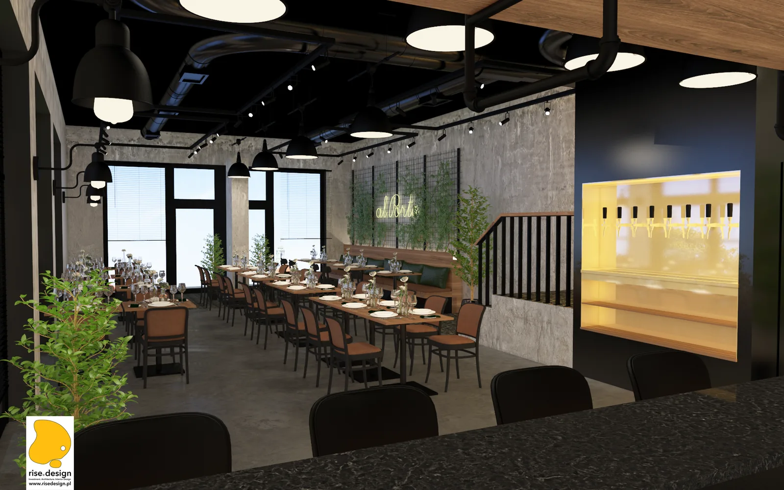 Interior: dining space render showing illuminated staircase niche, yellow Al Porto neon sign on Mevaco mesh wall, bottle shelving bar area, and warm oak accent surfaces throughout