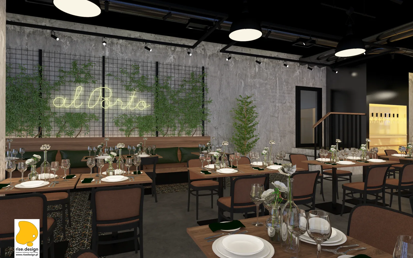 Interior: dining room bench seating render with yellow Al Porto neon sign on Mevaco perforated steel mesh wall, architectural concrete finish, and cascading hanging greenery display