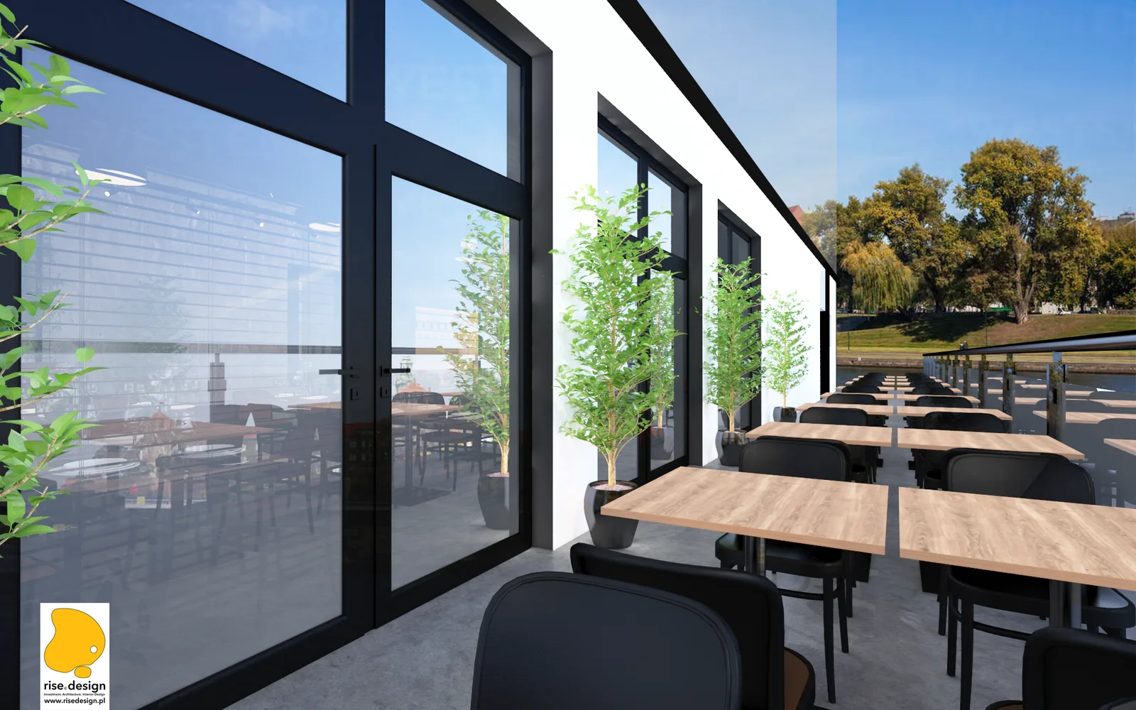 Exterior: riverfront terrace render with outdoor dining tables, floor-to-ceiling glazing in black steel frames, and panoramic views toward the Brda River from restaurant frontage