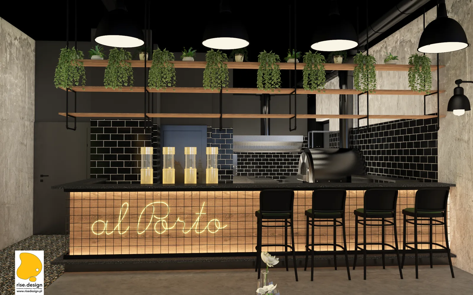 Interior: bar counter render with yellow Al Porto neon sign, black subway tile backsplash, terrazzo floor tiles, cascading greenery on oak display shelving, and leather bar stools