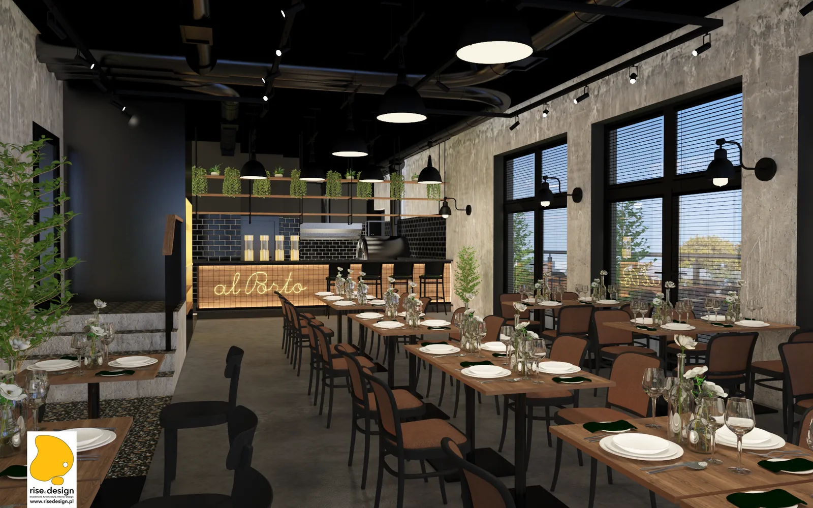 Interior: panoramic dining hall render with architectural concrete walls, matte black exposed ceiling, oak dining tables, pendant lights, and floor-to-ceiling riverfront window wall