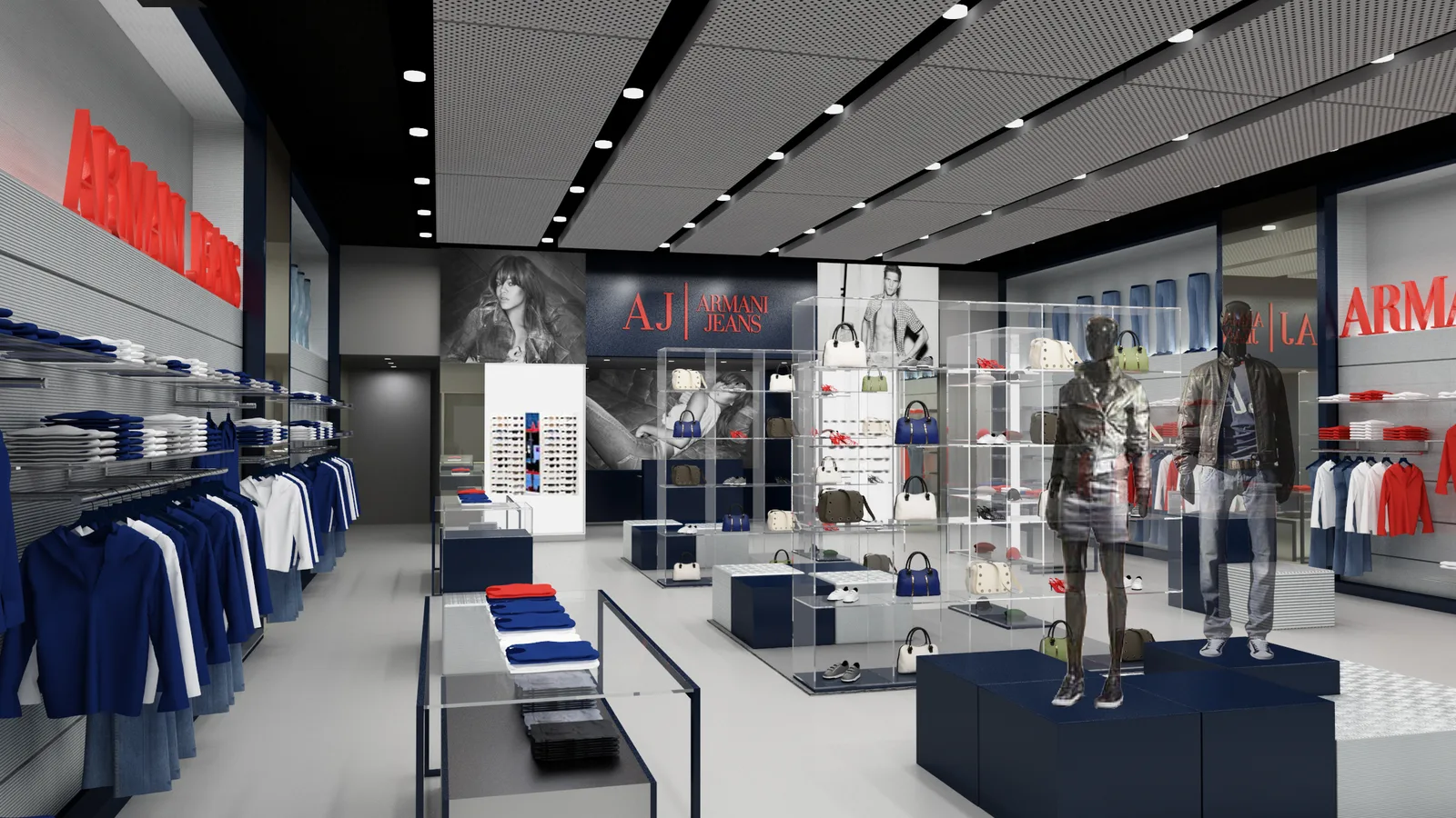 Interior: Miami AJ render showing seven backlit AJ-branded fascia panels, millerighe ribbed display surfaces, and extraclear glass vitrines in flagship layout