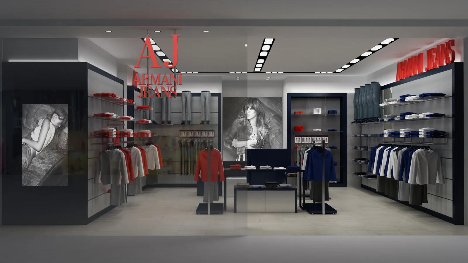 Exterior: Miami AJ storefront vetrina composite on Lincoln Road showing navy and red exterior branding, millerighe facade panels, and urban retail context