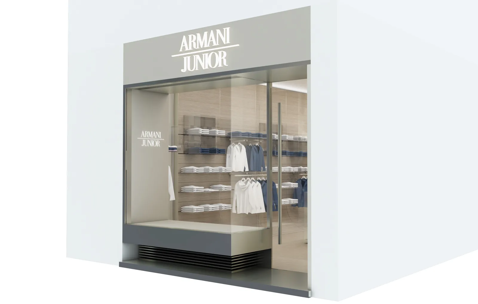 Exterior: Rome Via Frattina Armani Junior storefront composite showing heritage palazzo integration with contemporary shopfront