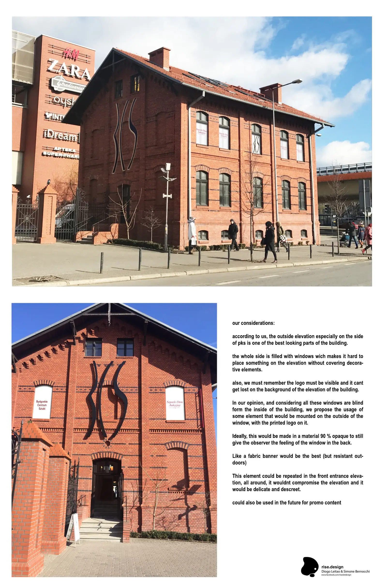 Concept: exterior signage proposal showing semi-transparent fabric banner system mounted on heritage blind windows with BCS branding preserving facade architectural integrity