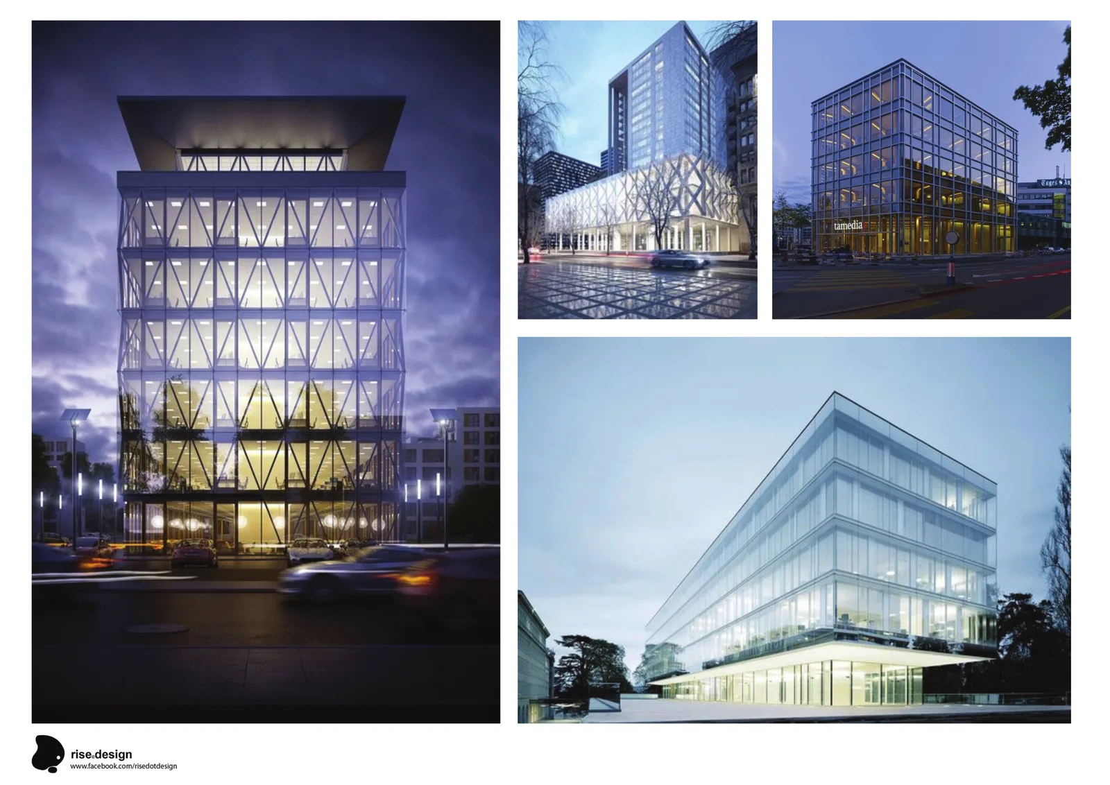 Exterior: facade option render with vertical brise-soleil fins across the two-storey glass volume, providing solar shading rhythm against the clear glass curtain wall system