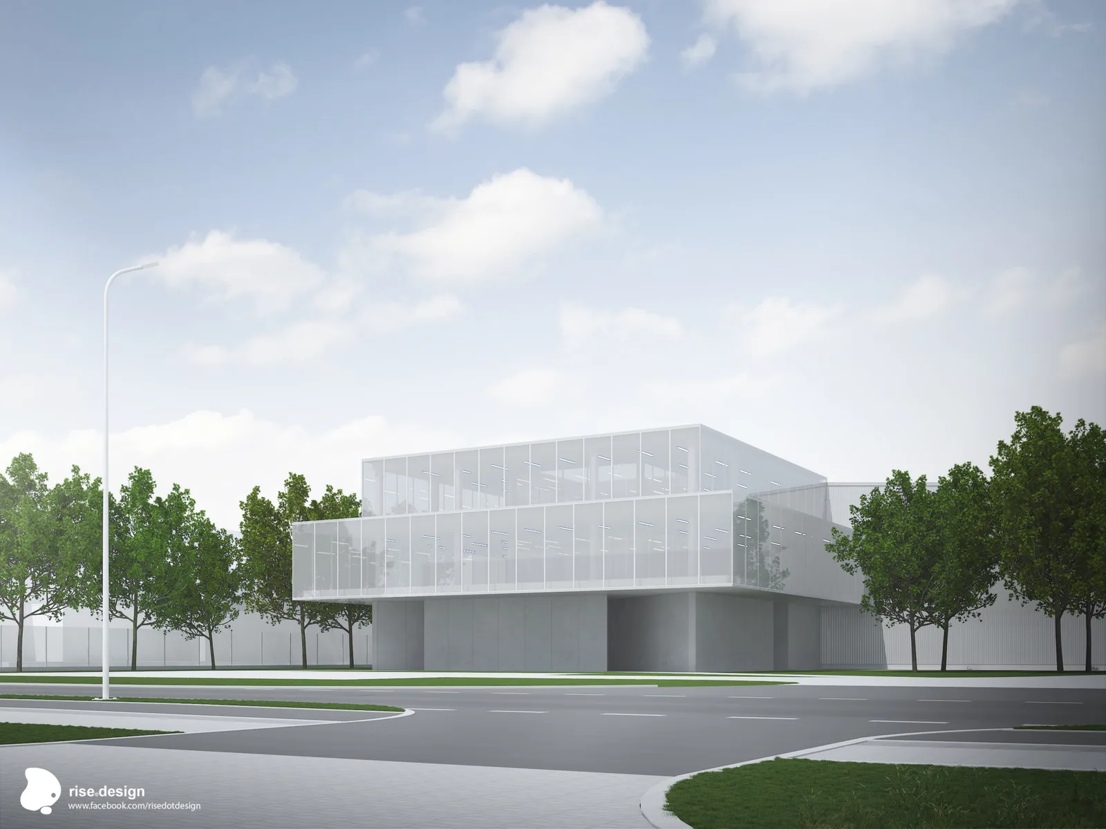 Exterior: green facade biophilic option render with cascading planting over the glass upper volume, softening the corporate architecture with living wall vegetation
