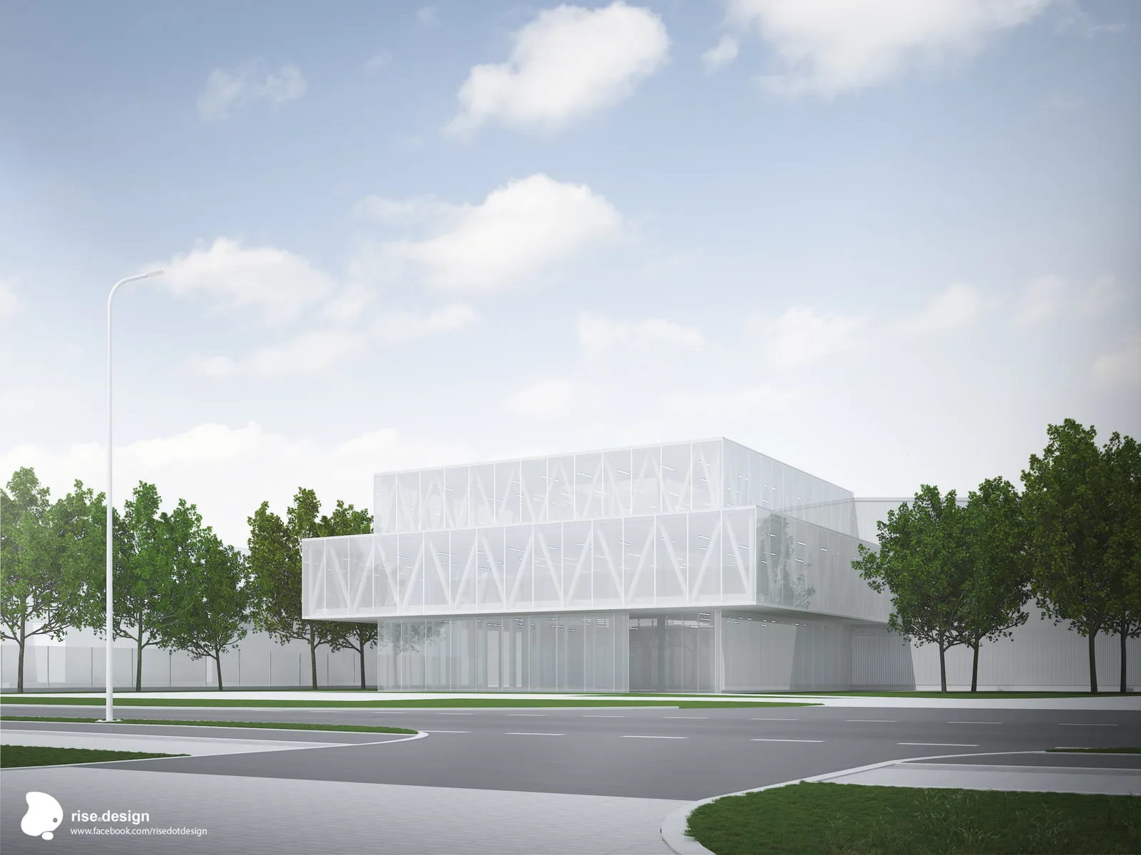Exterior: full glass curtain wall option render from approach angle showing transparent two-storey office volume floating above the opaque ground-floor plinth with mature tree landscaping