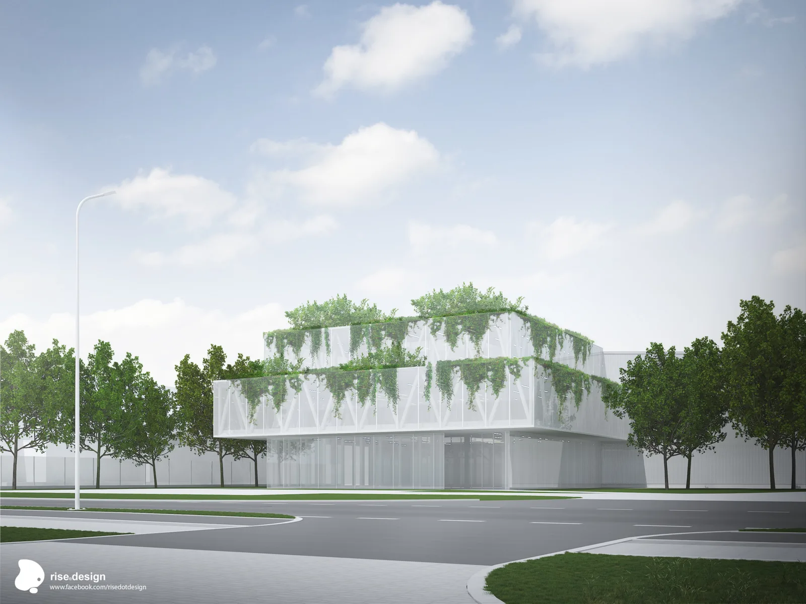 Exterior: horizontal banding facade option render showing stacked layered panel composition across the upper volume, creating a simpler rhythmic facade expression