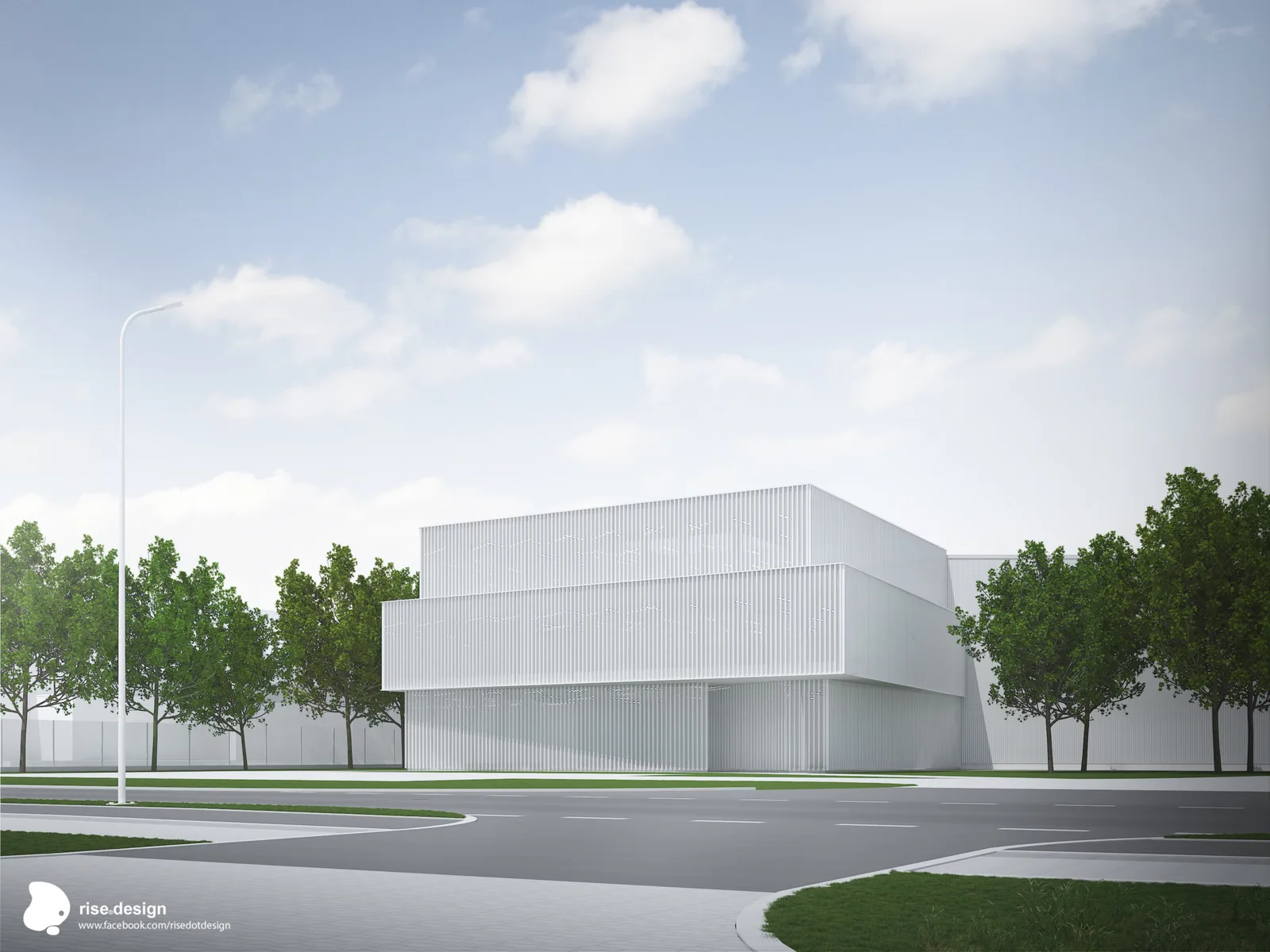 Exterior: diagrid structural glass facade option render with triangulated framework visible behind the curtain wall, adding structural expression to the corporate building envelope