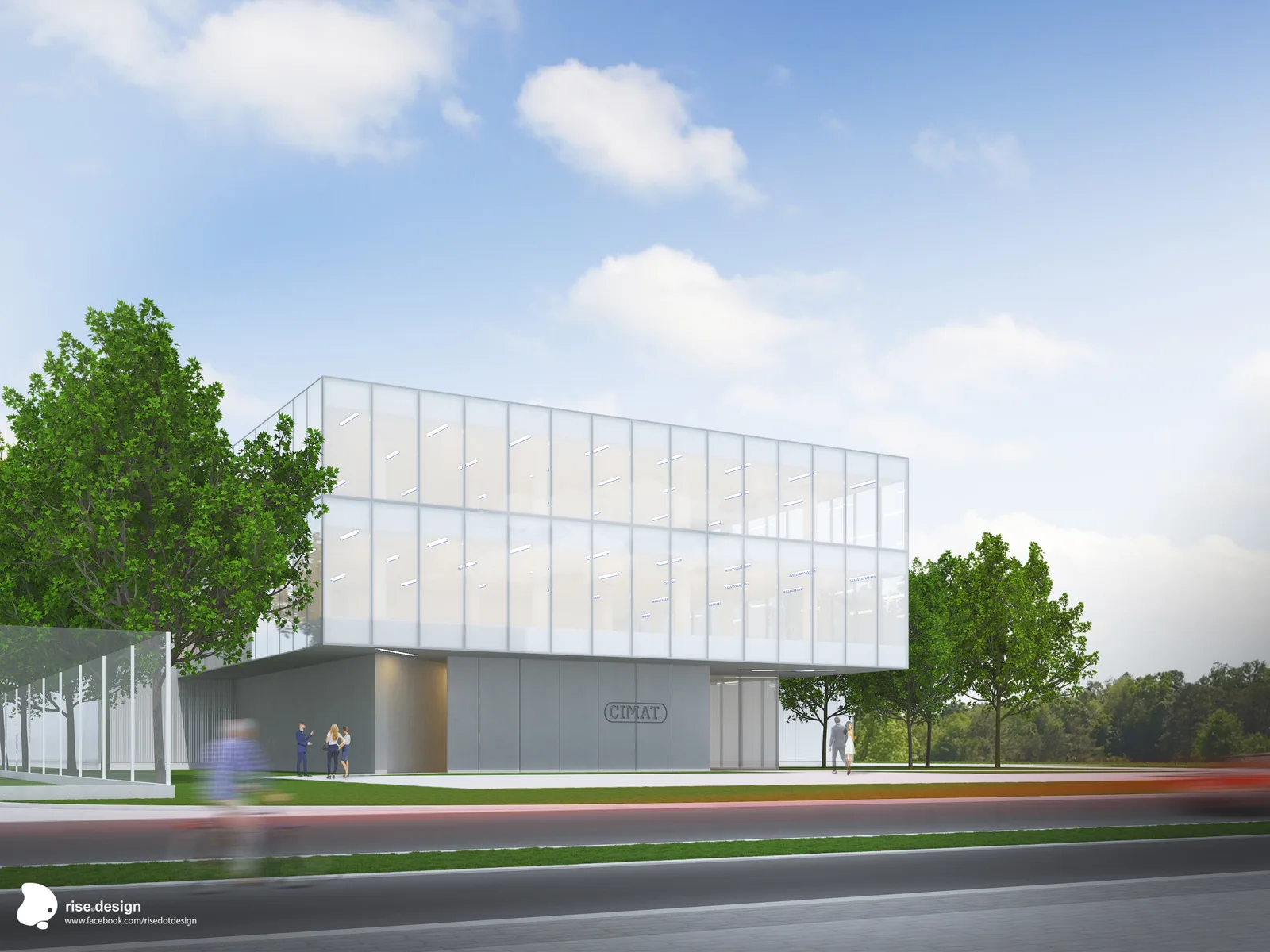 Exterior: alternate angle render showing the three-storey composition with solid plinth, glass curtain wall middle levels, and setback rooftop element in park-like corporate setting