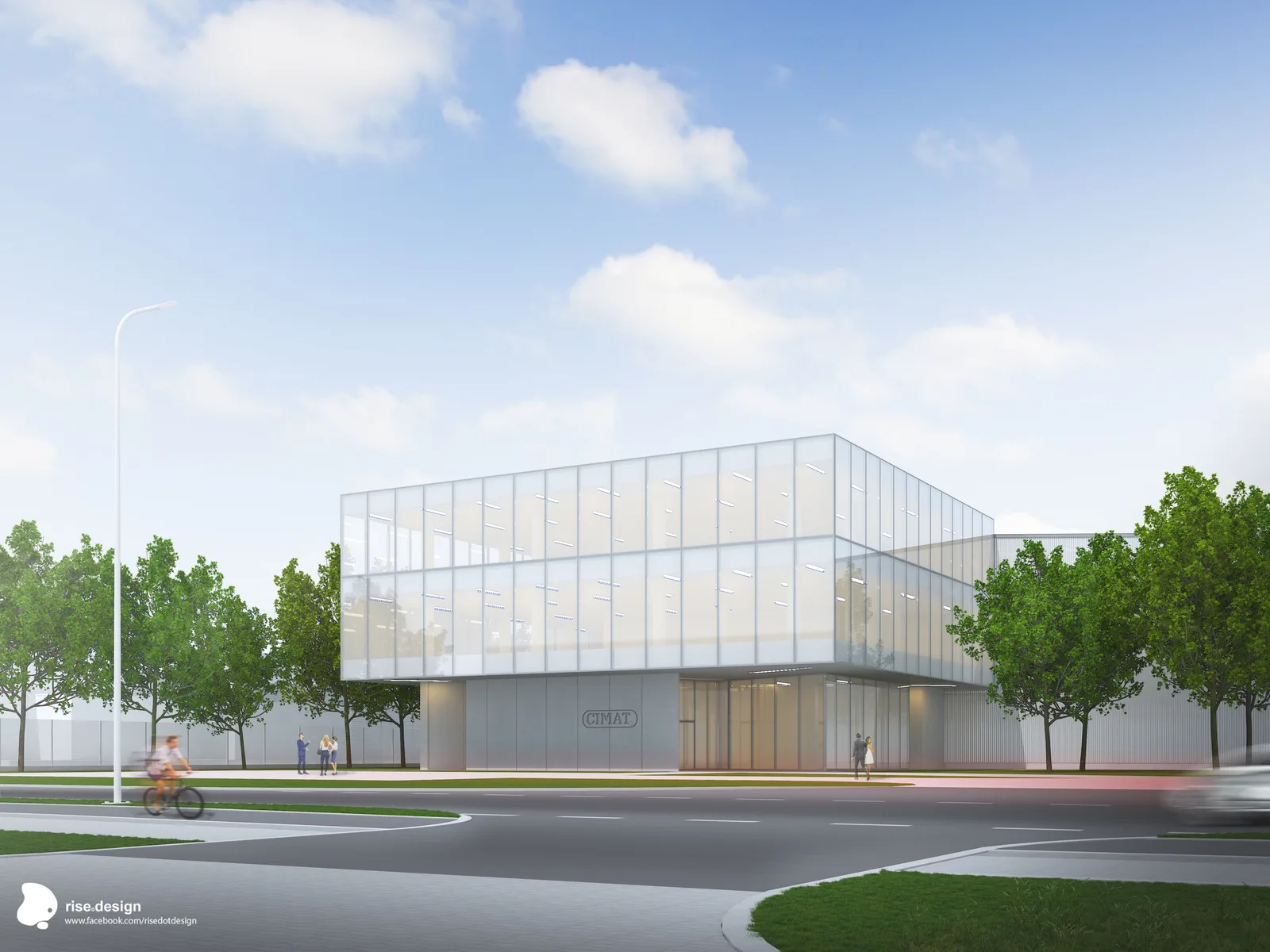 Exterior: primary concept render of CIMAT corporate headquarters showing cantilevered glass curtain wall volume over concrete plinth base with branded entrance and tree-lined approach