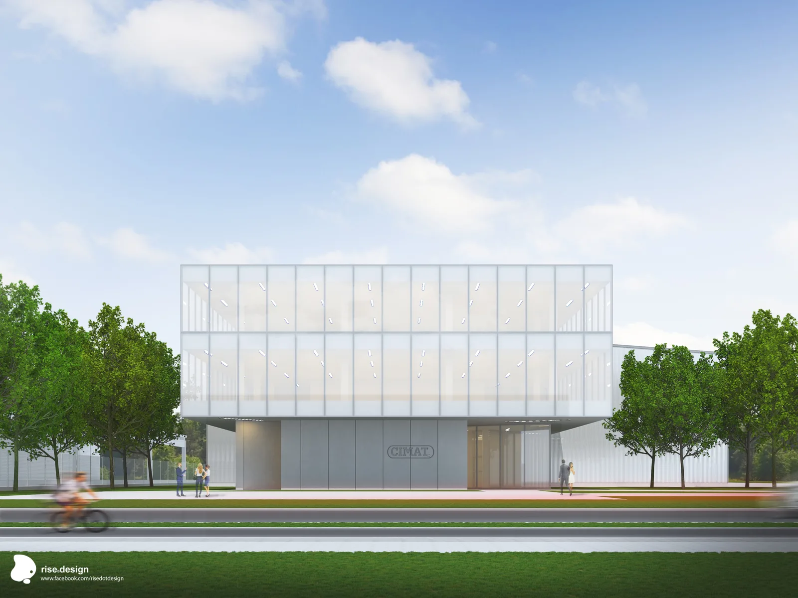 Exterior: wide establishing render of CIMAT office building showing full massing composition with transparent glass upper floors, opaque ground level, and landscaped corner site context