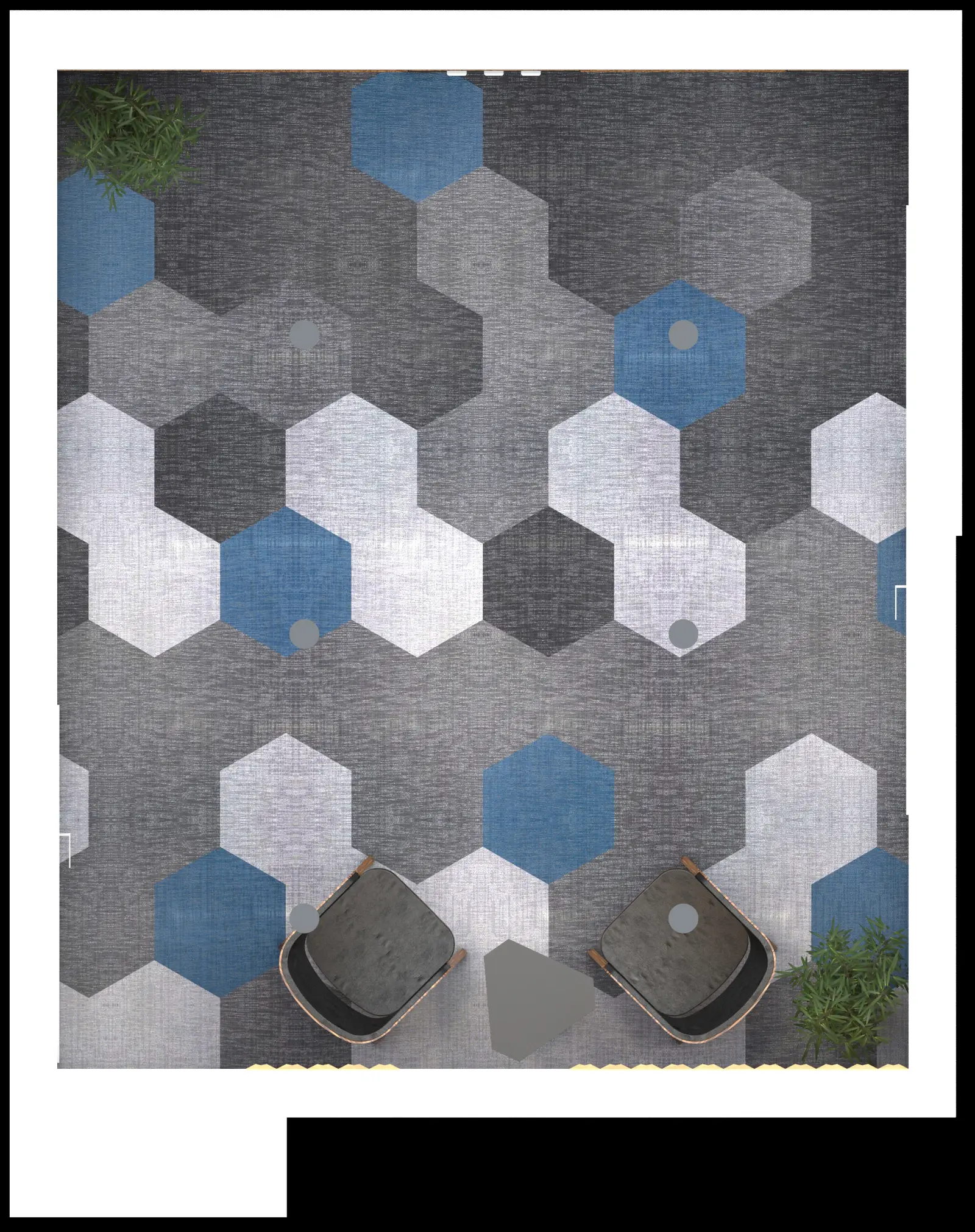 Detail: top-down view render of Bolon hexagonal floor tile composition in grey, charcoal, and teal petroleum blue showing full pattern layout with two mid-century lounge chairs on carpet