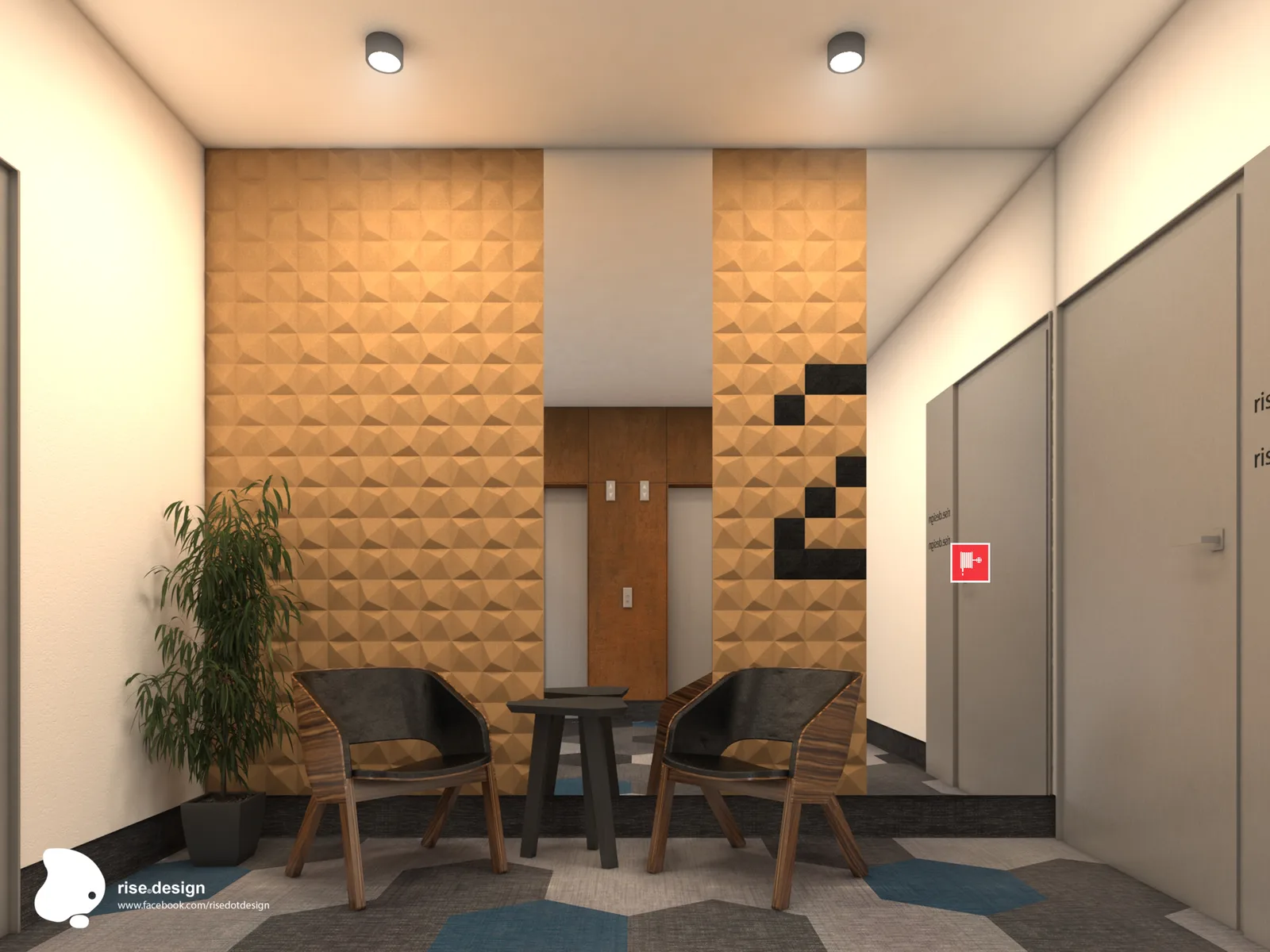 Detail: waiting area render with Muratto Peak 3D cork wall panels in natural and black pyramidal texture, timber-framed lounge chairs, side table, and Bolon hexagonal carpet tiles below