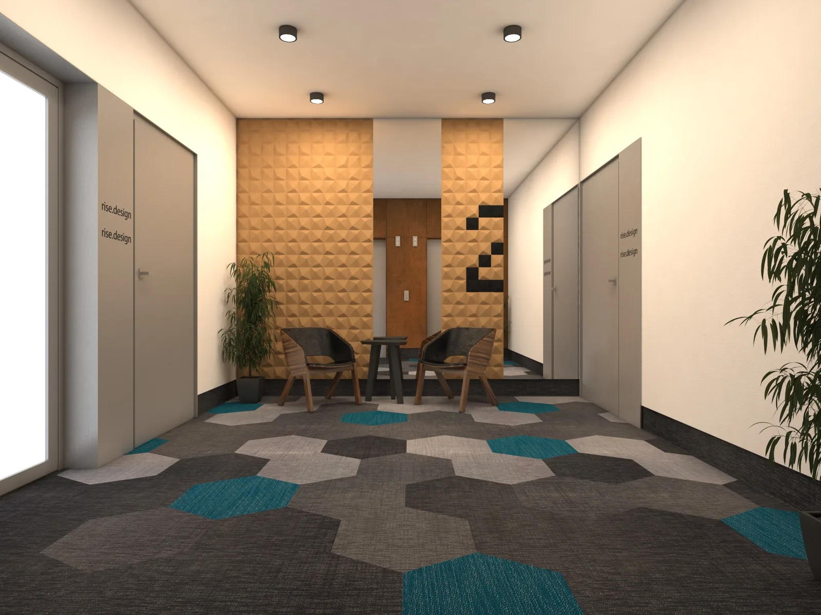 Interior: elevator lobby render with Bolon hexagonal floor tiles in grey and petroleum teal, Muratto 3D Peak cork pyramid wall panels in natural finish, mid-century lounge chairs, and recessed LED downlights
