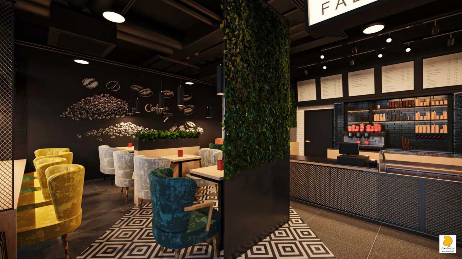 Interior: wide view render of open-plan cafe showing central bar counter, living green wall columns flanking entrance, chevron V-pattern floor tiles, and abstract arch mural on left wall