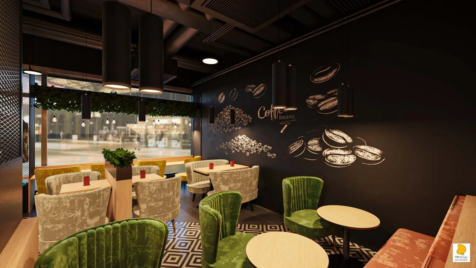 Interior: bar area close-up render with black Luna 0509 solid surface countertop, steel mesh Raute rhomb bar facade, integrated LED cascade lighting at three levels, and Coffee to Go circular neon brand sign