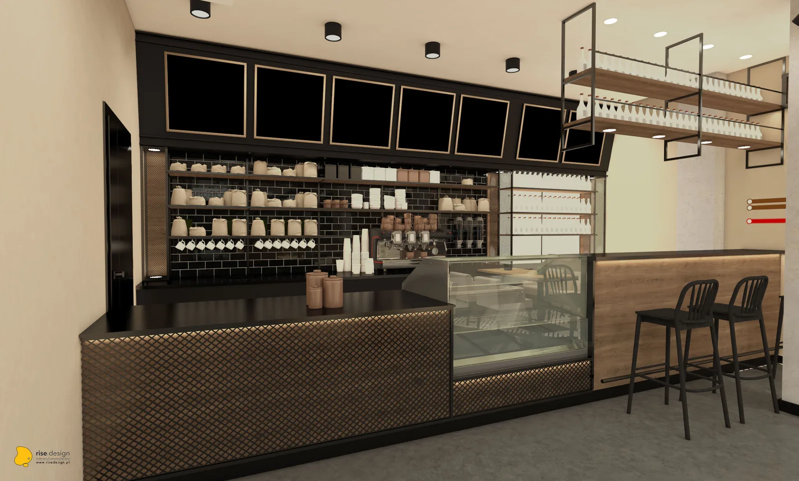 Interior: bar detail render showing RAUTA mesh screen with Coffee2GO logo cutout, Equipe Artisan Graphite subway tile backsplash, cognac oak surfaces, and warm-industrial material palette
