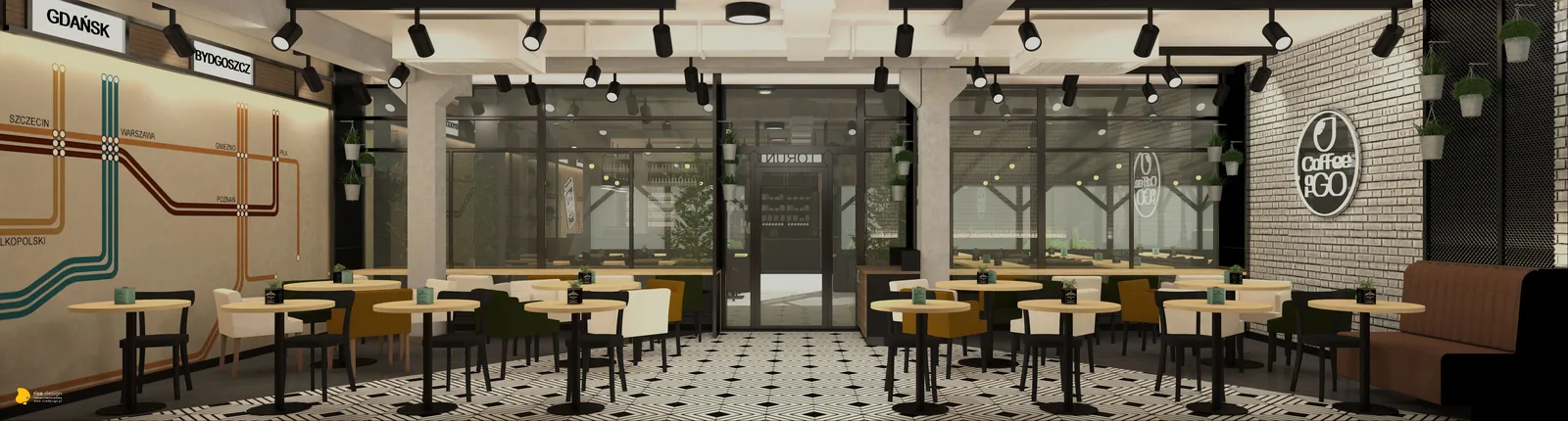 Interior: dining area render with illuminated Coffee2GO neon logo at entry, black-and-white diamond geometric floor tiles, cognac leather banquette seating, and whitewashed brick walls