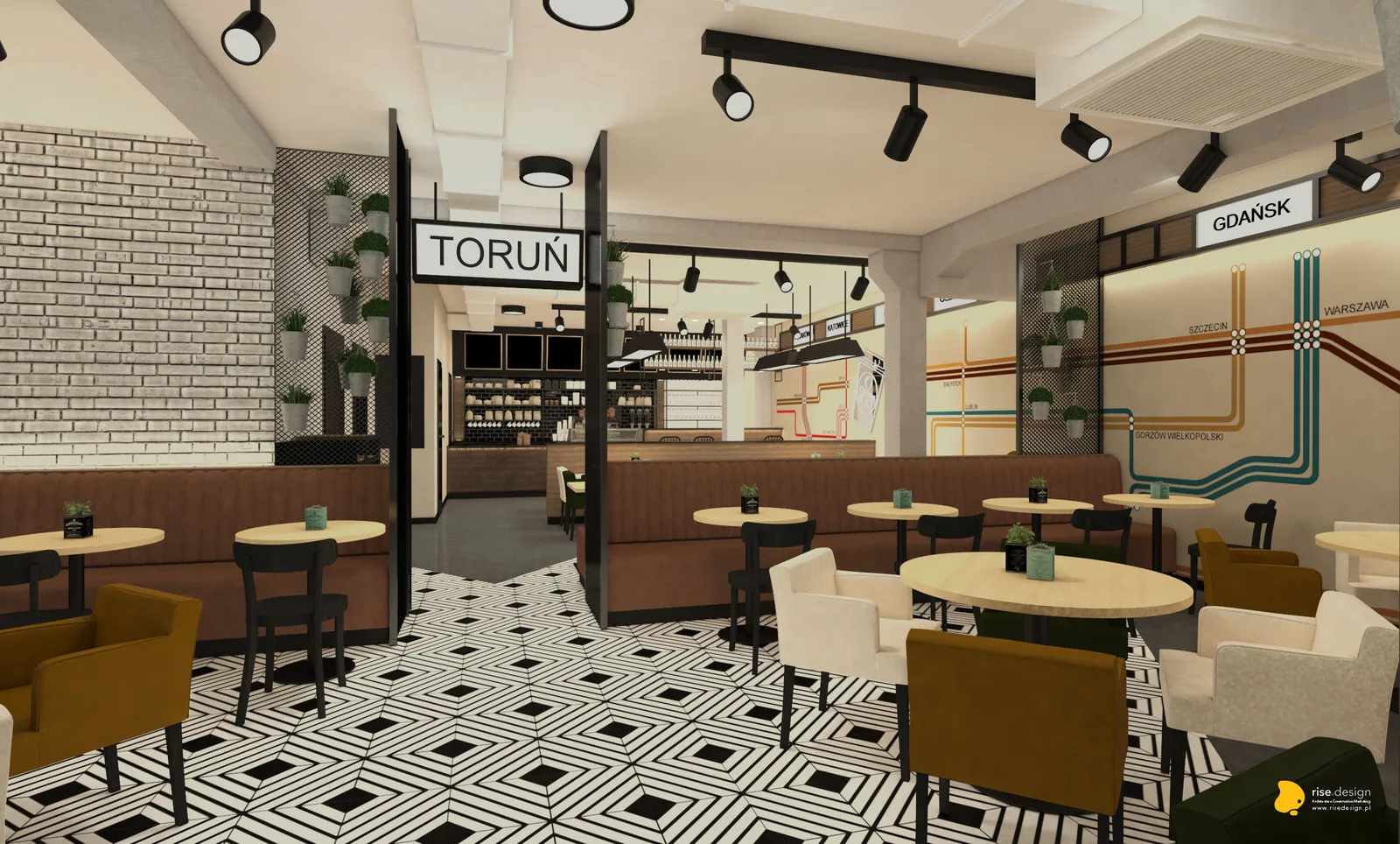 Interior: TORUN city station-style sign render with RAUTA mesh screen and bar backdrop incorporating local identity into the Polish railway-themed national brand concept design