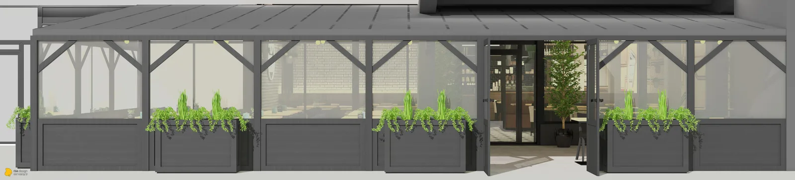 Exterior: street-level view render showing planters, enclosed terrace steel-and-glass structure, and cafe architectural presence opposite the Bielany campus of Nicolaus Copernicus University
