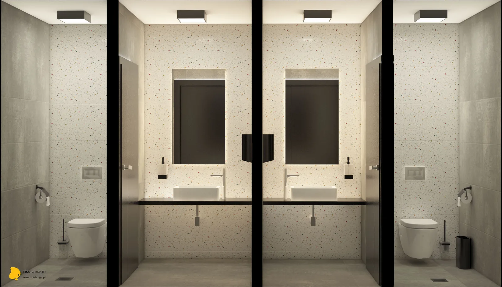 Interior: terrazzo restroom render with black-and-white geometric diamond floor tiles, backlit circular mirrors, concrete-look wall panels, and minimalist black fixtures in compact cafe bathroom