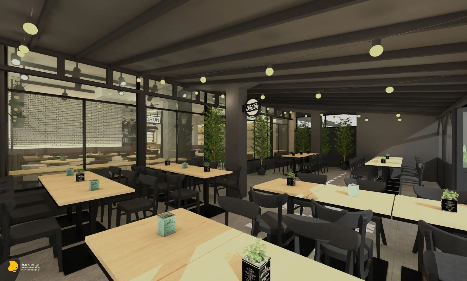 Interior: enclosed terrace render with globe string lights overhead, exposed brick walls, cognac leather seating, and transitional indoor-outdoor atmosphere at the glazed steel enclosure
