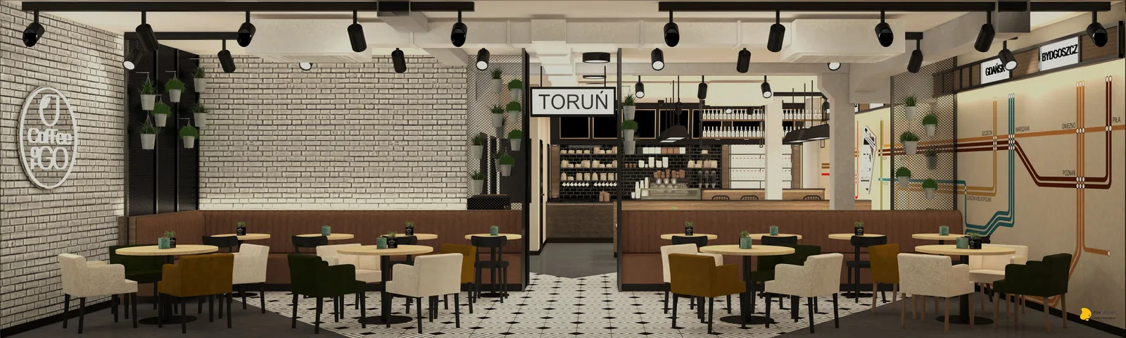 Interior: main dining room render dominated by full-wall Polish railway map mural with coloured route lines connecting cities, flanking cognac leather banquettes, and pendant lighting above