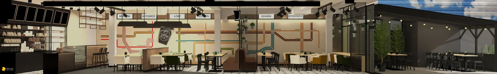 Interior: railway map panoramic composition render showing Coffee2GO cup logo at network centre, white station-signage plaques for Polish cities, and complete railway branding narrative wall