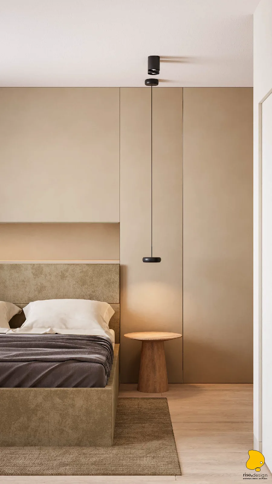 Bedroom wardrobe detail render showing reeded glass panel texture, FENIX matte frame, and filtered light passing through translucent surface