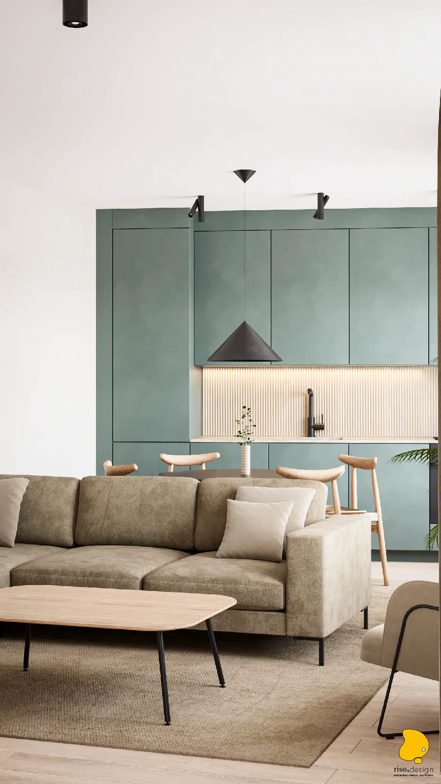 Bedroom render with symmetrical headboard design, LED-lit recessed niche, FENIX black matte wardrobes, and warm pendant lighting