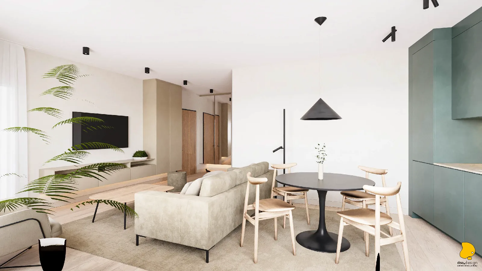 Living room full panoramic render with all zones visible including sofa area, dining, and kitchen with sage green fluted backsplash and Haier oven