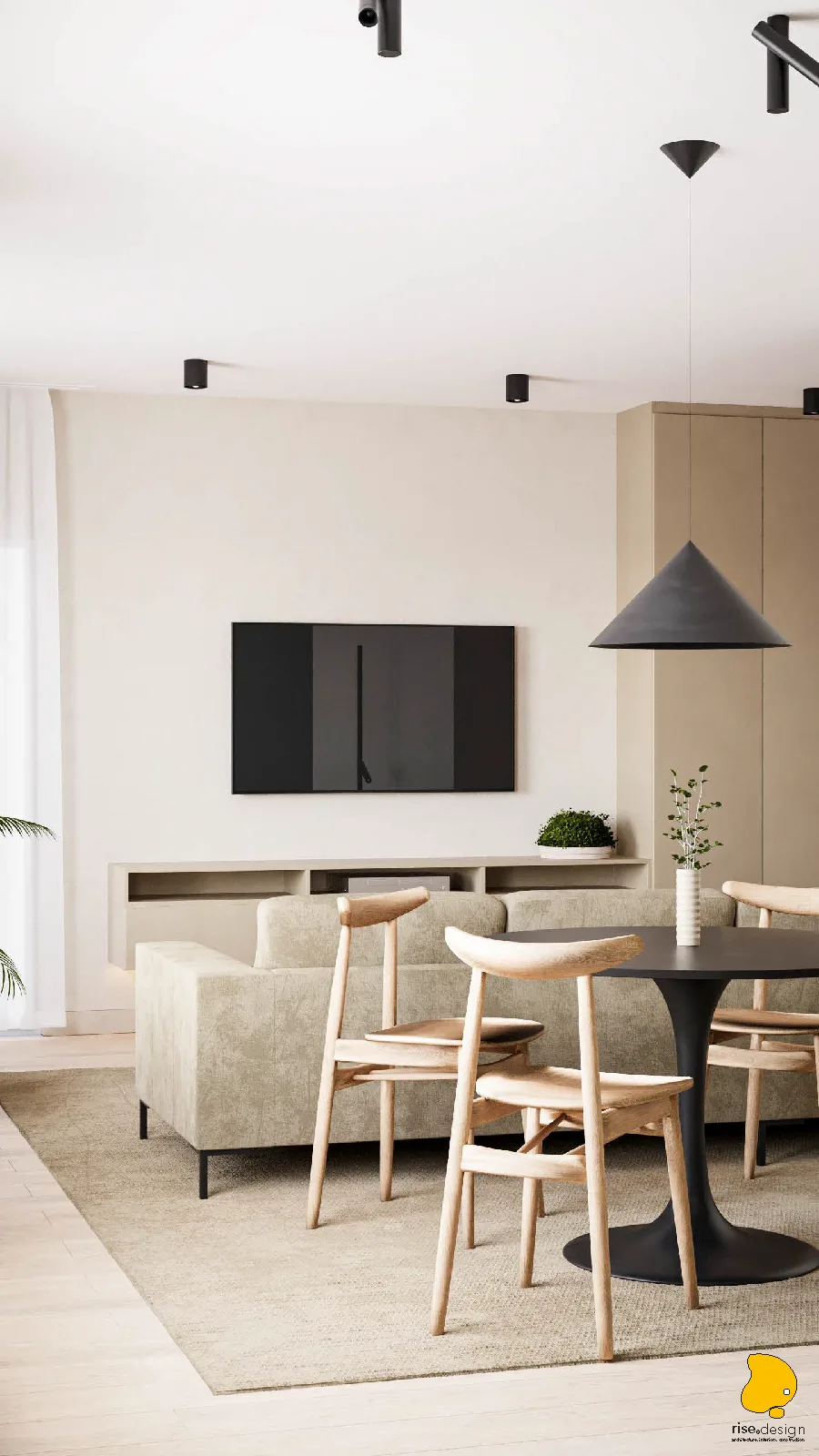 Bedroom wardrobe render with fluted reeded glass doors filtering light, dark FENIX surfaces, and bedroom visible through translucent glass panels