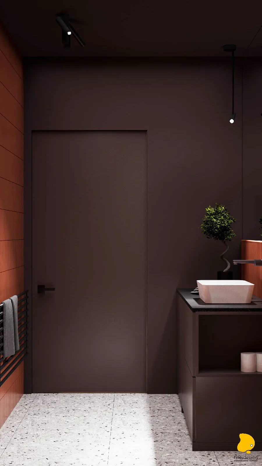 Bathroom detail render showing vessel sink, floating FENIX vanity, and backlit mirror against dark chocolate wall