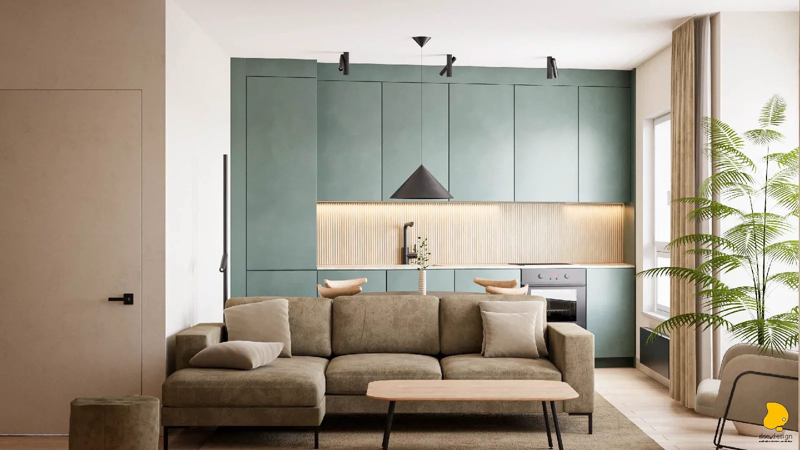 Panoramic cross-section cutaway render revealing full apartment spatial flow through all rooms simultaneously with furniture, materials, and spatial relationships