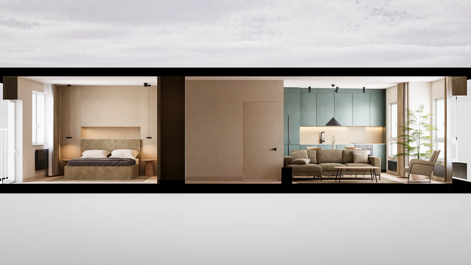 Bedroom and corridor perspective render showing spatial transitions between zones with warm neutral tones and FENIX dark wardrobe surfaces