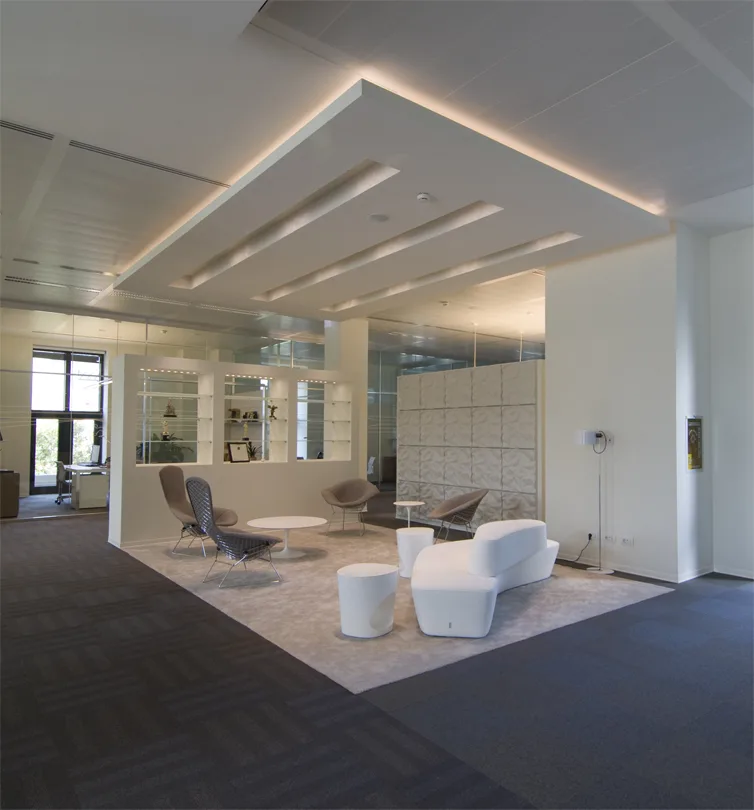 Level 3 lounge area with Moroso Saruyama Island seating and warm pendant lighting