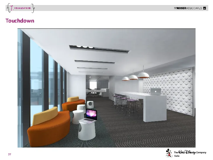 3D visualisation of the executive floor lounge with designer furniture groupings and the warm Grey Oak ceiling panel system