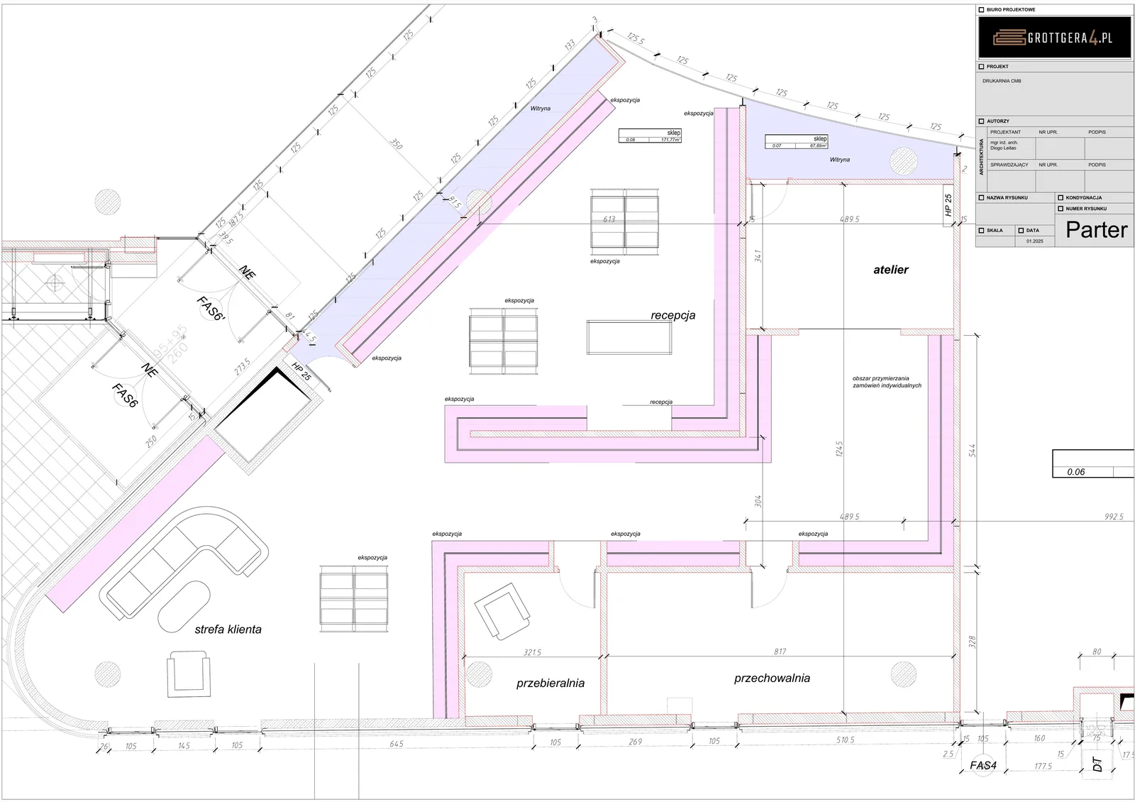 Detail: boutique spatial plan showing retail-forward storefront with repeated vitrine and exposition display zones, dual reception points, atelier workspace, fitting room zone, and storage areas
