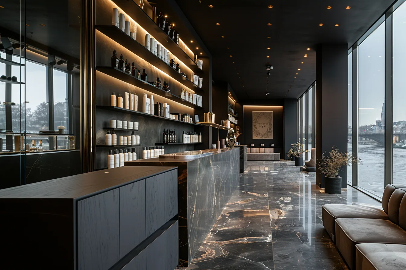 Render: salon interior concept showing hair styling stations with full-length mirrors, suspended ceiling, and integrated track lighting system