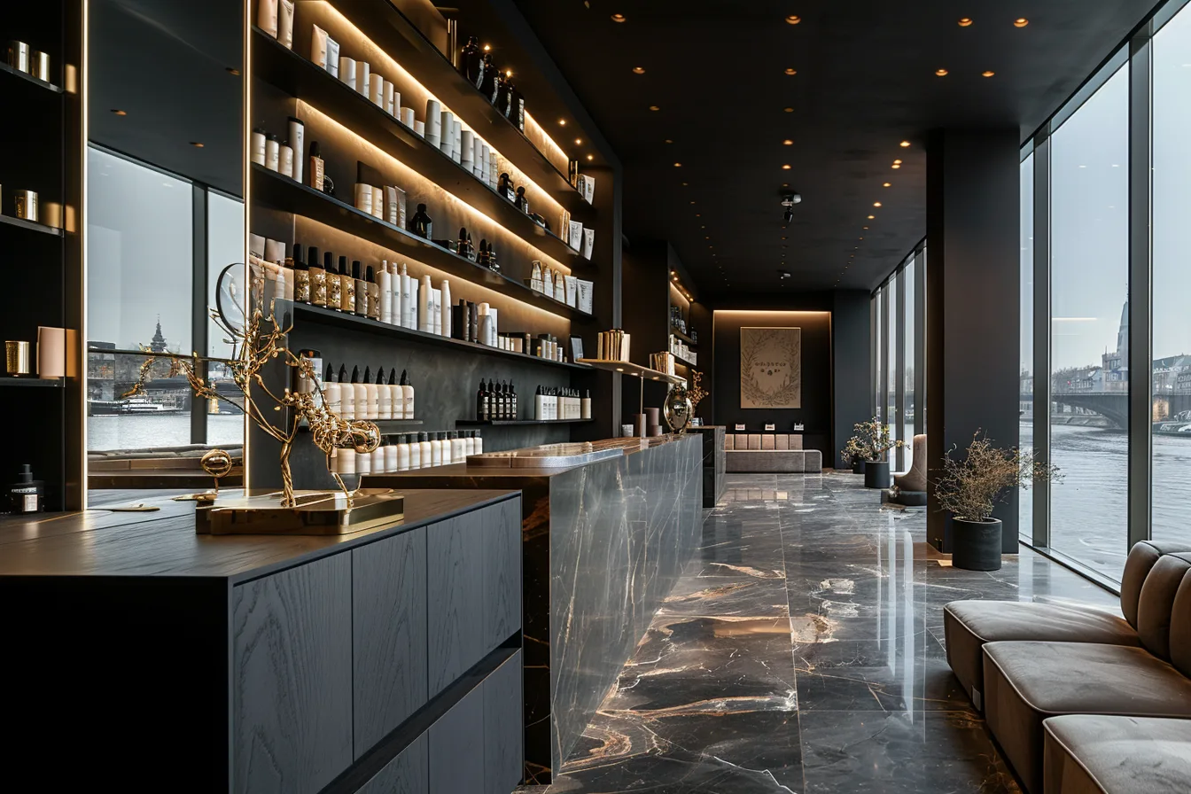 Render: beauty treatment room concept with overhead task lighting, premium dark wall finishes, and calming spa atmosphere